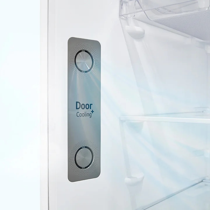냉장고 내부의 문 쪽에 Door Cooling+라는 텍스트가 적힌 패널이 있습니다. 패널에는 두 개의 원형 통풍구가 있으며, 시원한 공기가 나오는 모습이 시각적으로 표현되어 있습니다. 배경에는 냉장고의 선반 일부가 보입니다.