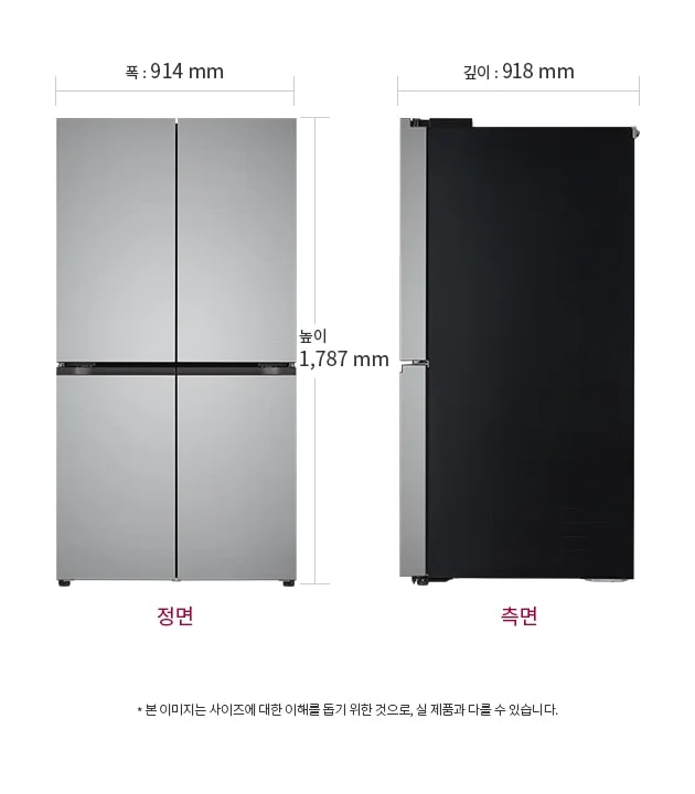 냉장고의 정면과 측면 모습이 나란히 배치되어 있으며, 정면의 폭은 914mm, 높이는 1,787mm로 표시되어 있습니다. 측면의 깊이는 918mm로 나타나 있습니다. 하단에는 본 이미지는 사이즈에 대한 이해를 돕기 위한 것으로, 실제 제품과 다를 수 있습니다.라는 문구가 포함되어 있습니다.