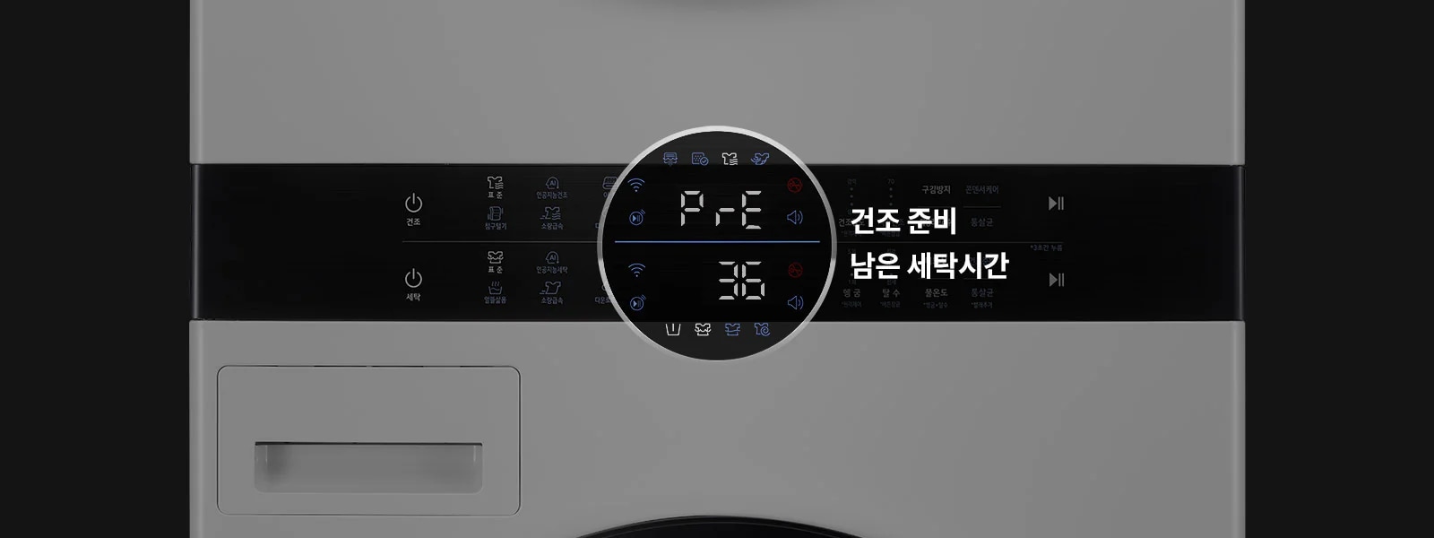 세탁기 조작 패널이 보이며, 디지털 화면에 "PrE"와 "36"이 표시되어 있습니다. 화면 옆에는 "건조 준비"와 "남은 세탁시간"이라는 텍스트가 있습니다. 패널에는 다양한 아이콘과 버튼이 배치되어 있으며, "건조"와 "세탁" 버튼이 보입니다. 배경은 어두운 색상입니다.