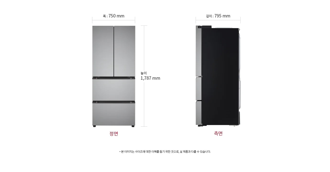 냉장고 정면과 측면 모습이 있습니다. 정면의 폭은 750mm이고, 높이는 1,787mm입니다. 측면의 깊이는 795mm입니다. 하단에는 본 이미지는 사이즈에 대한 이해를 돕기 위한 것으로, 실 제품과 다를 수 있습니다.라는 문구가 있습니다.