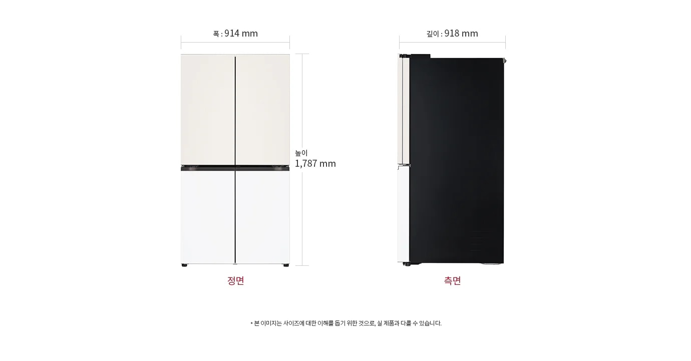 냉장고의 정면과 측면 이미지가 나란히 배치되어 있습니다. 정면의 너비는 914mm, 높이는 1,787mm이며, 측면의 깊이는 918mm입니다. 아래에는 정면과 측면이라는 설명이 있고, 하단에는 본 이미지는 사이즈에 대한 이해를 돕기 위한 것으로, 실 제품과 다를 수 있습니다.라는 문구가 있습니다.