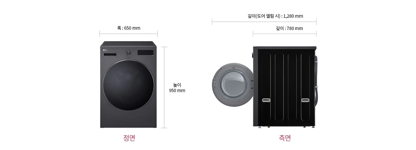 드럼세탁기의 정면과 측면이 나란히 배치되어 있습니다. 제품의 크기는 폭 650mm, 높이 950mm로 표시되어 있습니다. 측면에서는 도어가 열려 있는 모습이 보이며, 깊이는 780mm, 도어가 열렸을 때의 깊이는 1,280mm로 나타나 있습니다. 정면과 측면 아래에는 각각 정면과 측면이라는 텍스트가 적혀 있습니다.