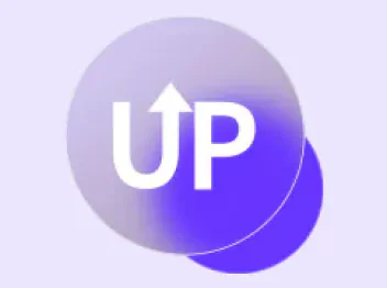 원형의 그래픽 요소가 보이며, 중앙에 UP라는 흰색 텍스트가 있습니다. 텍스트 왼쪽에는 위쪽을 가리키는 흰색 화살표가 함께 배치되어 있습니다. 배경은 연한 보라색이며, 원형의 오른쪽 하단에는 그림자가 드리워져 있습니다.
