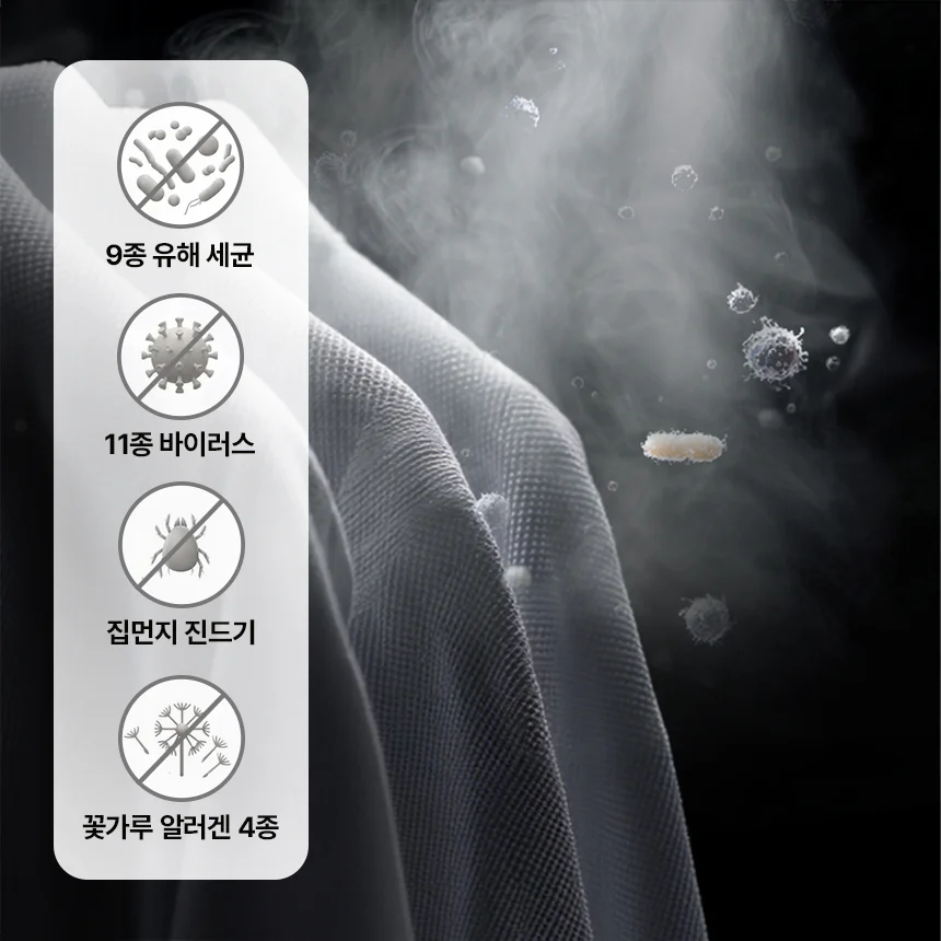 옷감 위로 증기가 올라오고 있으며, 주변에 세균, 먼지같은 입자들이 떠다니고 있습니다. 어두운 배경에 밝은 색의 옷감이 강조되어 보입니다. 세균, 바이러스, 진드기, 알러겐 각 요소를 상징하는 아이콘이 금지표시와 함께 배치되어 있습니다. 