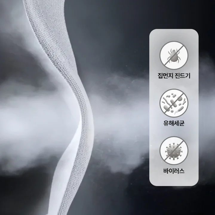 세탁물 위로 증기가 분사되는 모습이 중앙에 보이며, 오른쪽에는 세 가지 아이콘이 세로로 배열되어 있습니다. 각 아이콘은 위에서부터 집먼지 진드기, 유해세균, 바이러스를 나타내며, 각각의 아이콘 위에는 금지 표시가 그려져 있습니다. 배경은 어두운 색조로, 증기가 뿜어져 나오는 장면이 강조되어 있습니다.