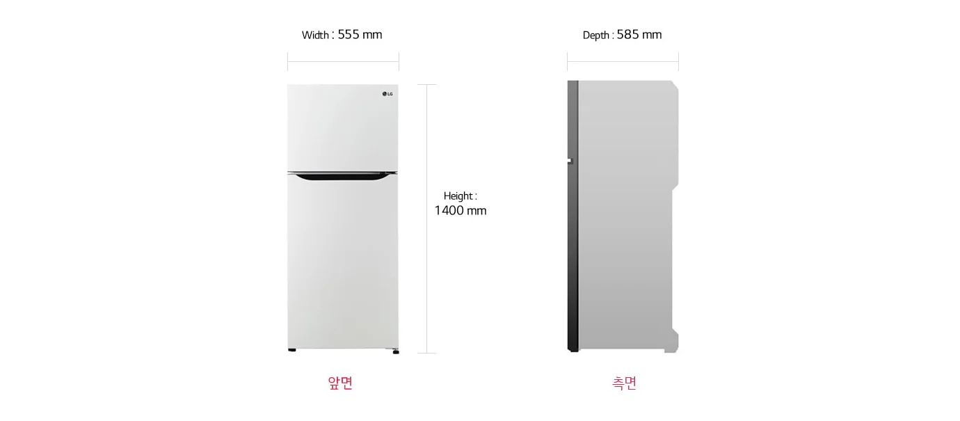 냉장고의 정면과 측면을 보여주고 있습니다. 정면의 폭은 555mm, 높이는 1,400mm이며, 측면의 깊이는 585mm입니다. 하단에는 본 이미지는 사이즈에 대한 이해를 돕기 위한 것으로, 실 제품과 다를 수 있습니다.라는 문구가 포함되어 있습니다.